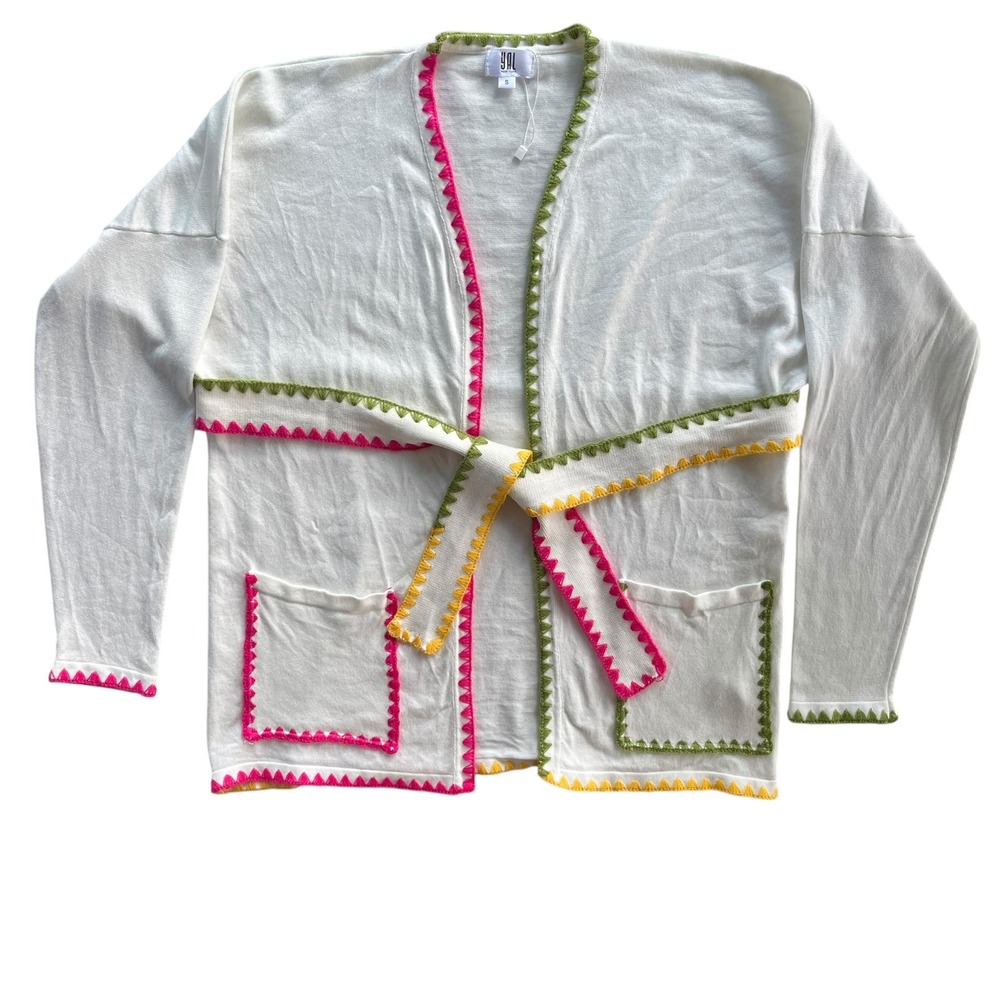 YAL New York Womens S White Pink Yellow Green Trim Open Front Belt Knit Cardigan